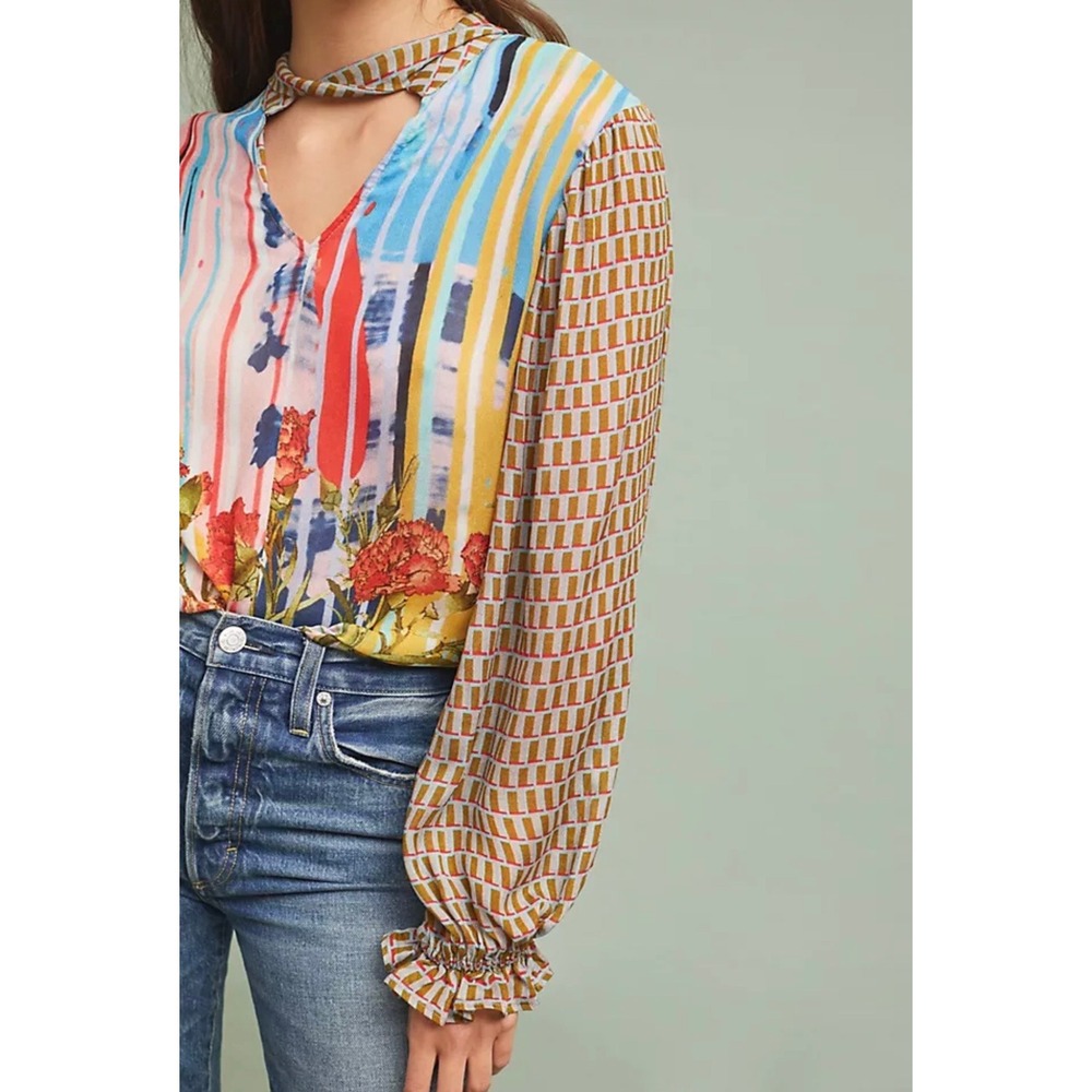 Anthropologie Conditions Apply Mixed Print‎ Peasant Blouse Keyhole Floral Small
